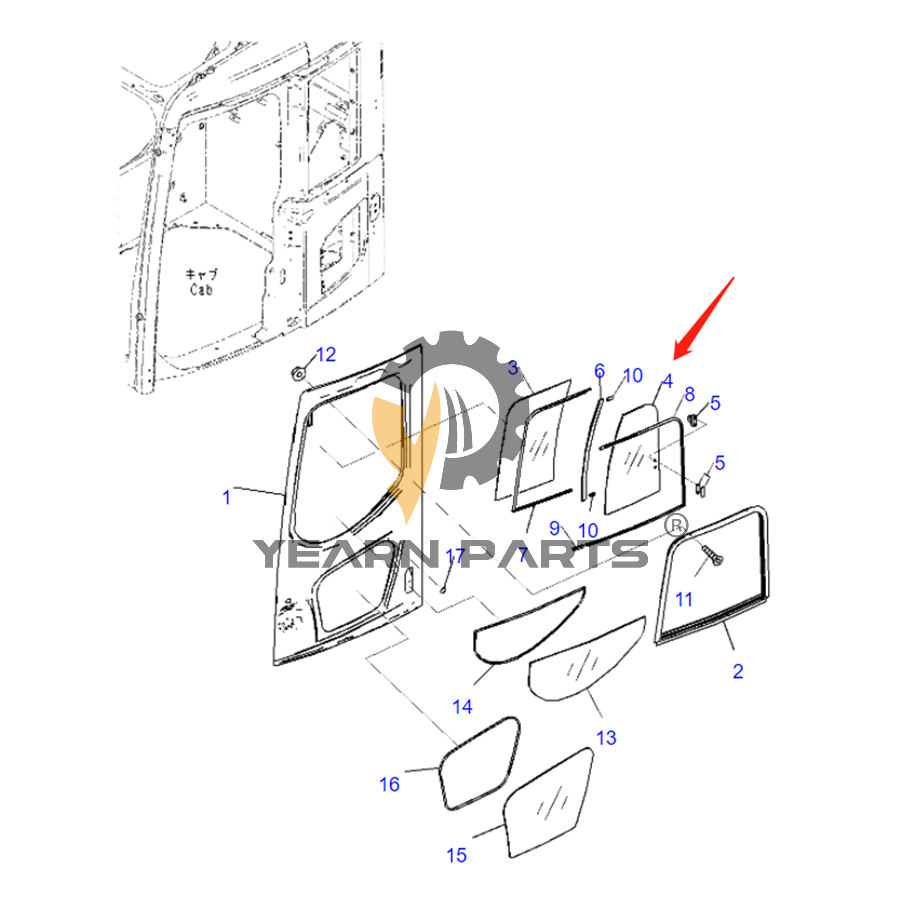 Door Upper Rear Slider Glass 22B-54-27241 for Komatsu Excavator PC138US-10 PC138US-8 PC138USLC-8 PC228US-8 PC228USLC-8