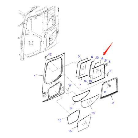 Door Upper Rear Slider Glass 22B-54-27241 for Komatsu Excavator PC138US-10 PC138US-8 PC138USLC-8 PC228US-8 PC228USLC-8